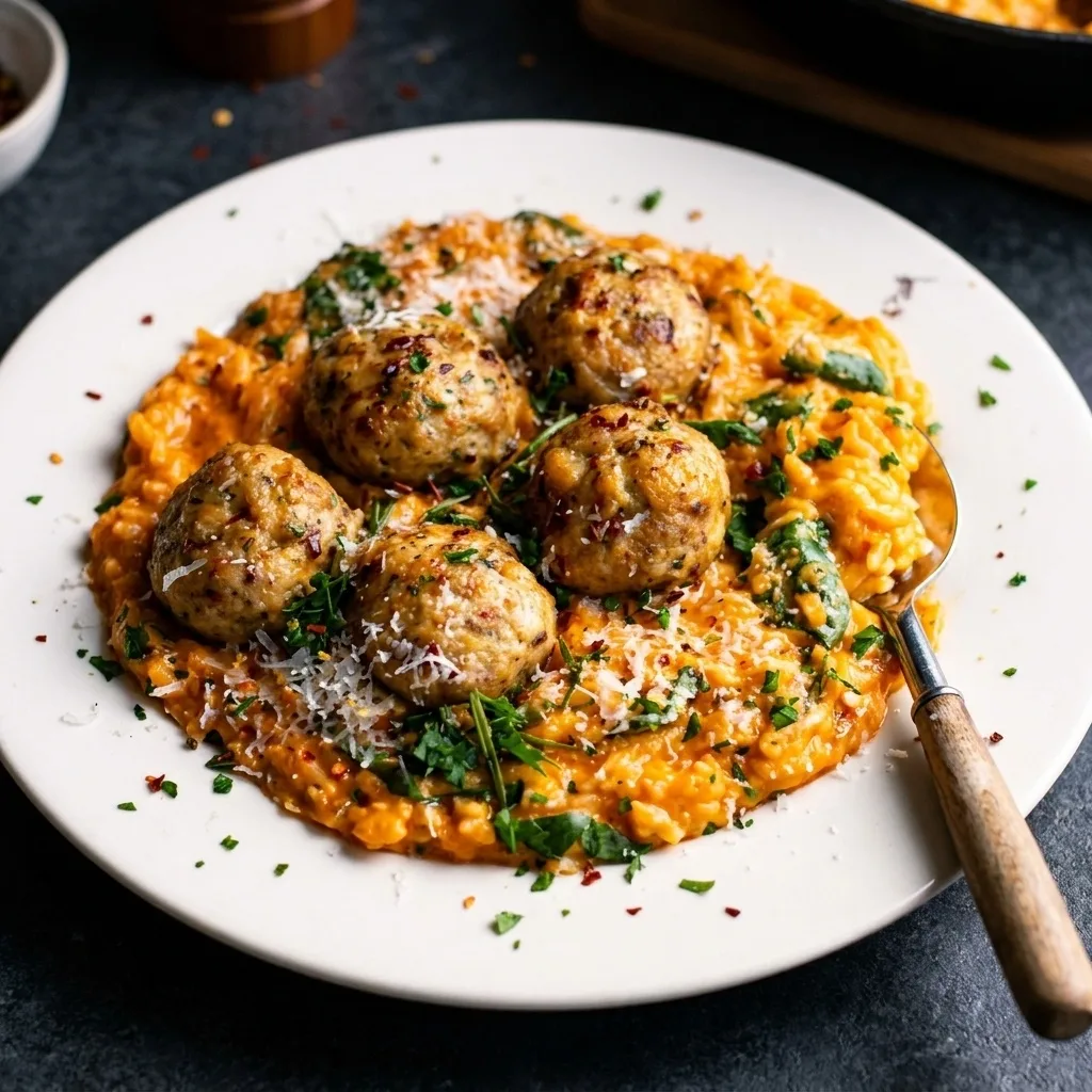 Baked Rosemary Chicken Meatballs with Tomato Orzo Recipe