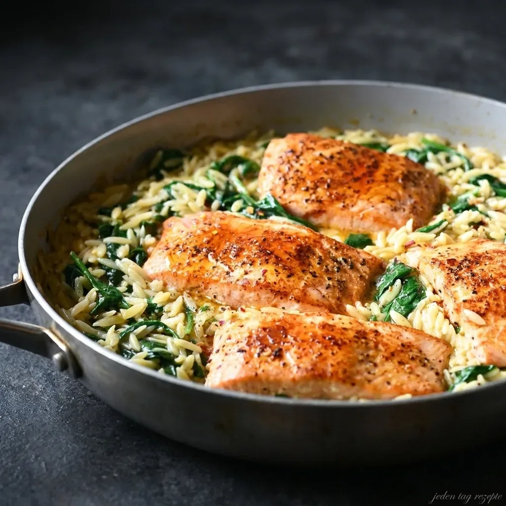 One Skillet Salmon with Lemon Orzo