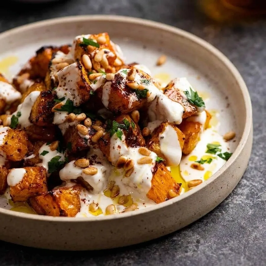 Roasted Pumpkin with Lemon Yogurt Sauce and Pine Nuts