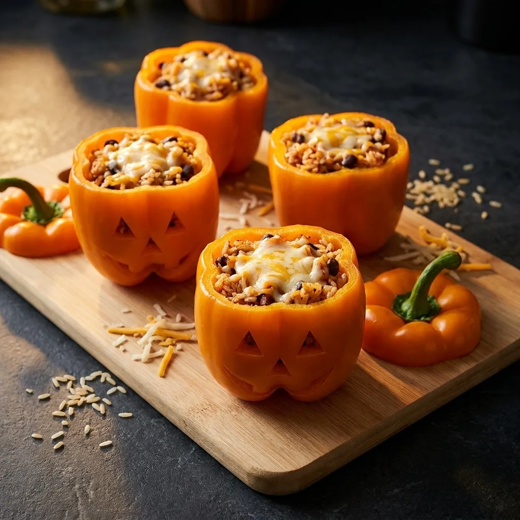 SHREDDED CHICKEN & RICE STUFFED PEPPERS (HALLOWEEN STYLE)