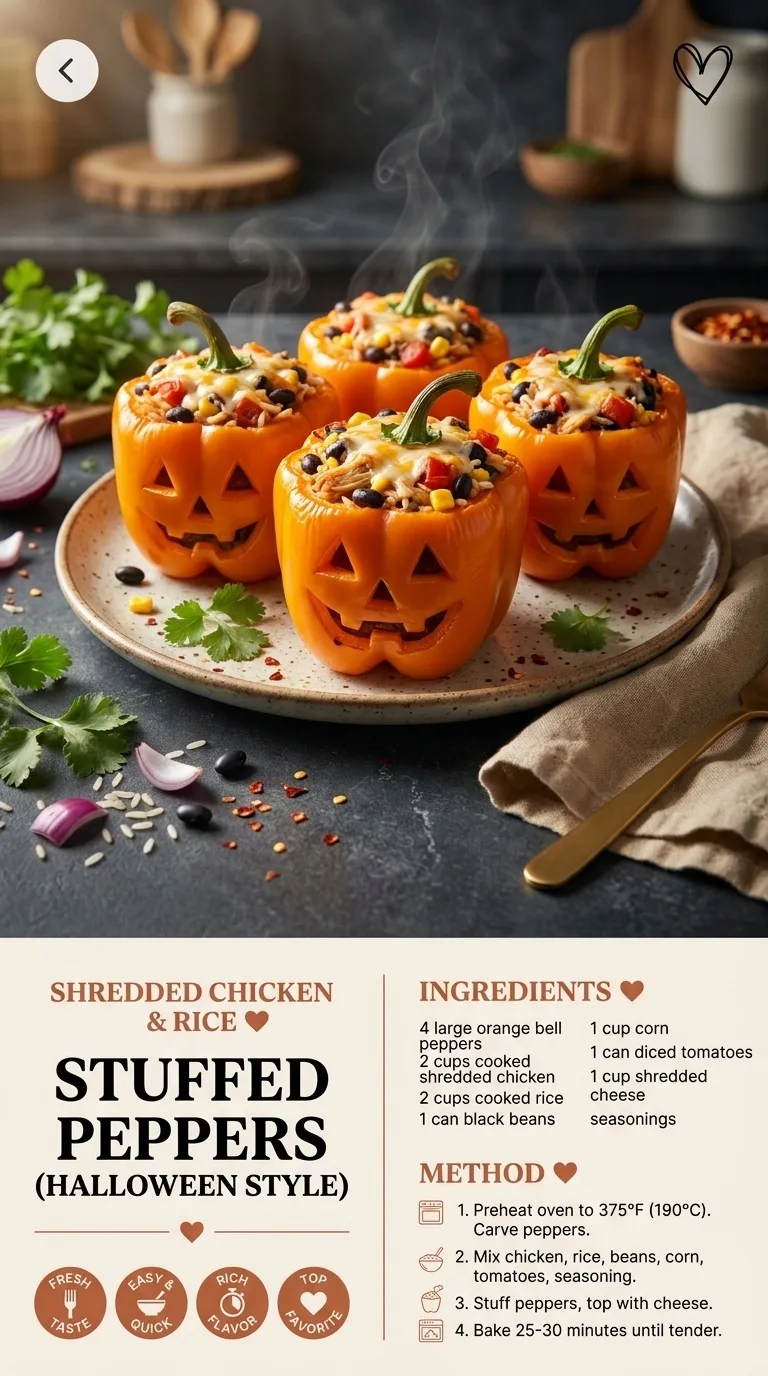 SHREDDED CHICKEN & RICE STUFFED PEPPERS (HALLOWEEN STYLE) - Auf Pinterest merken